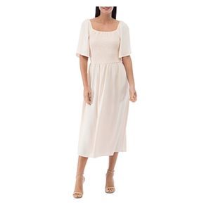 B COLLECTION Womens Beige Crepe Lined Flutter Sleeve Midi Fit + Flare Dress S